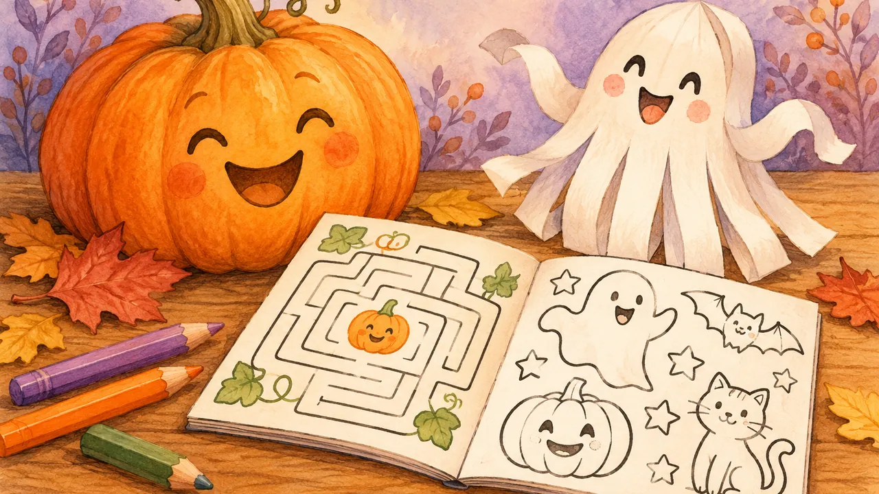 Citrouille souriante, fantôme rigolo et livret de jeux pour une activité Halloween enfant