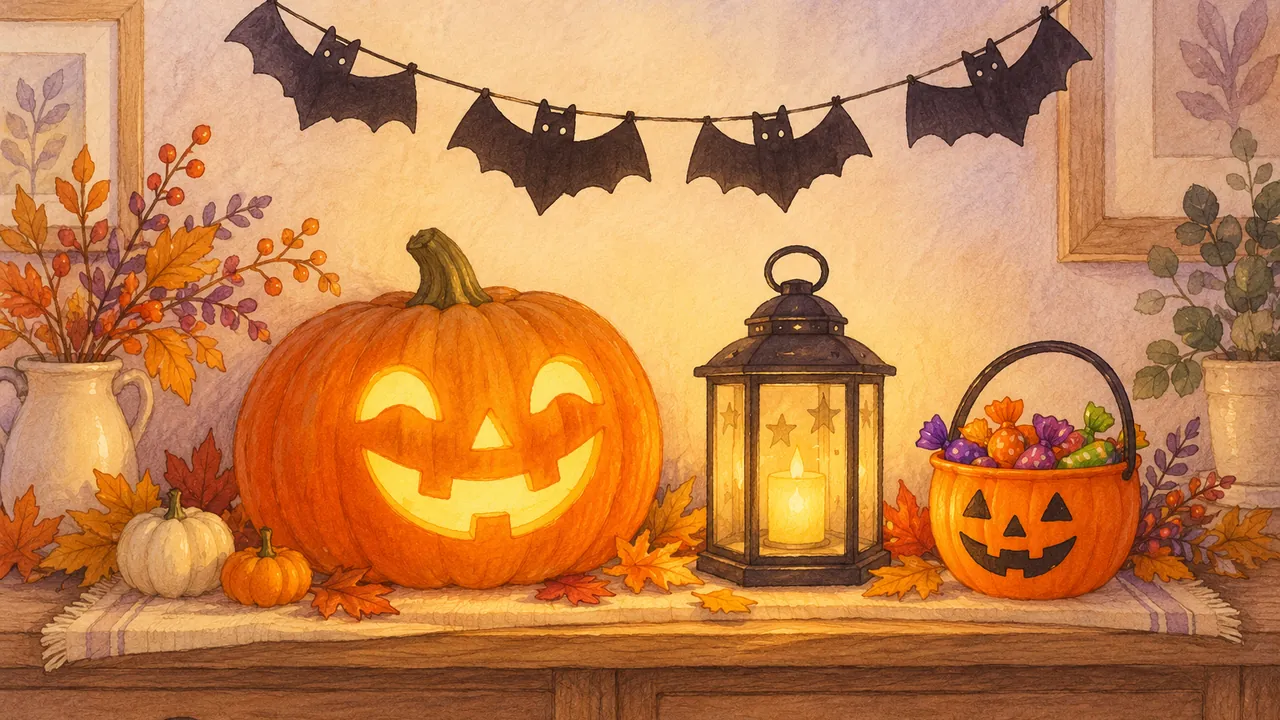 Programme d'Halloween avec les enfants : guirlande de chauves-souris, citrouille souriante, lanterne et petit seau à bonbons