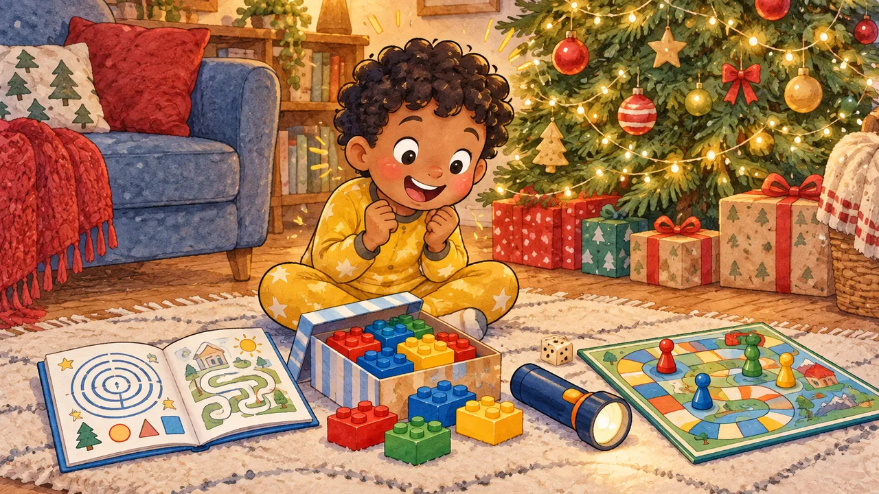 Garçon de 5 ans émerveillé au pied du sapin de Noël, devant ses cadeaux : un livret de jeux, une boîte de briques de construction, une lampe de poche et un jeu de société