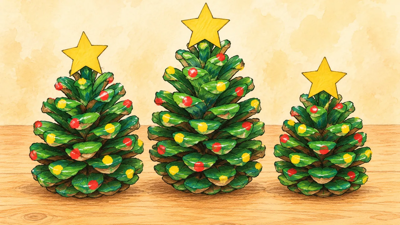 Trois pommes de pin peintes en vert, décorées de petits points rouges et jaunes, avec une étoile en papier au sommet : un bricolage de Noël fait par un enfant