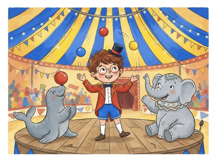 Hugo jongle sous le chapiteau, avec une otarie et un éléphant