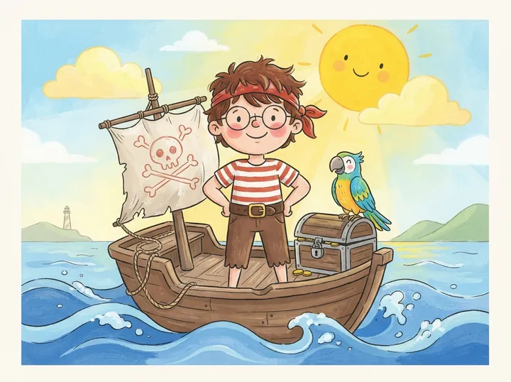 Hugo en pirate sur son bateau, avec un perroquet et un coffre au trésor